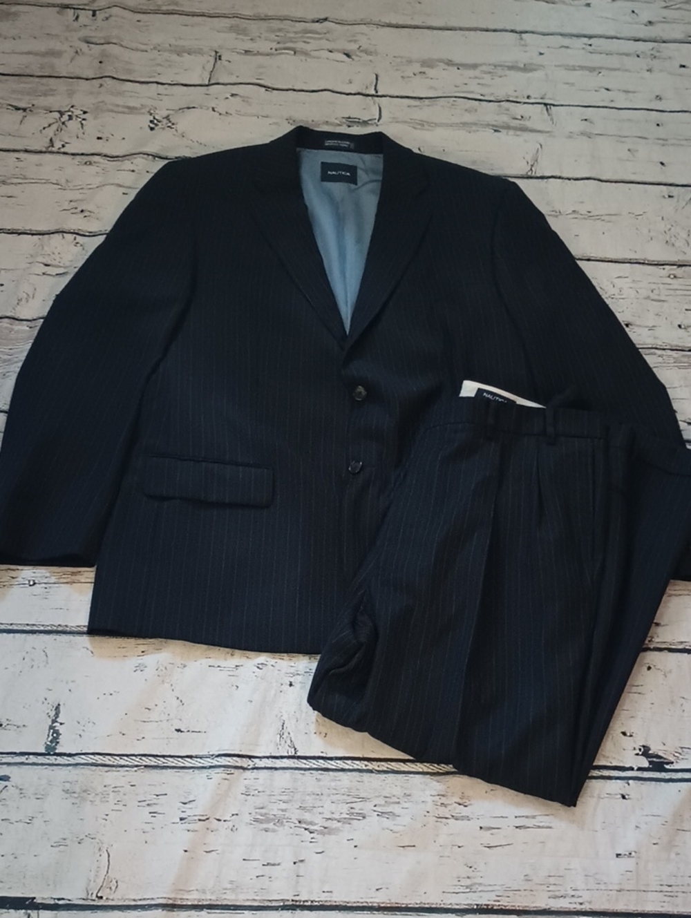 Nautica Men's Blue Brow Pinstripe Wool Suit 44R 38x 28